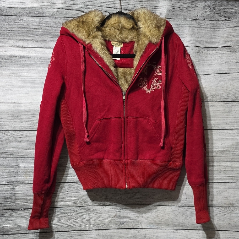 Stylish Red Bomber Jacket with Faux Fur by [Brand]